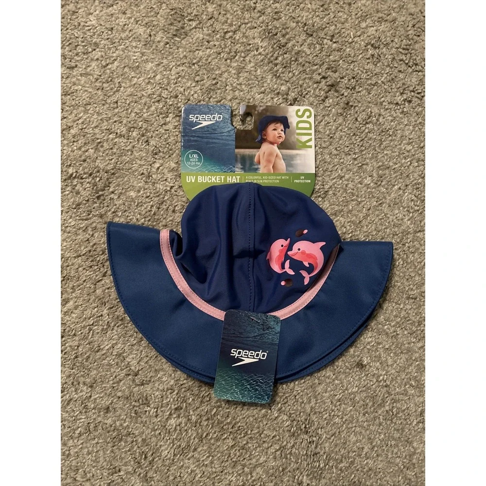 Speedo UV Bucket Hat Kids UV 50+ Swim Hat Sz S/M 6-12 Months Pink Dolphins Hat‎